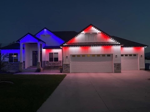 4th of July festive light colors from Wave Lighting permanent outdoor lighting system installed in Colorado Longmont area.