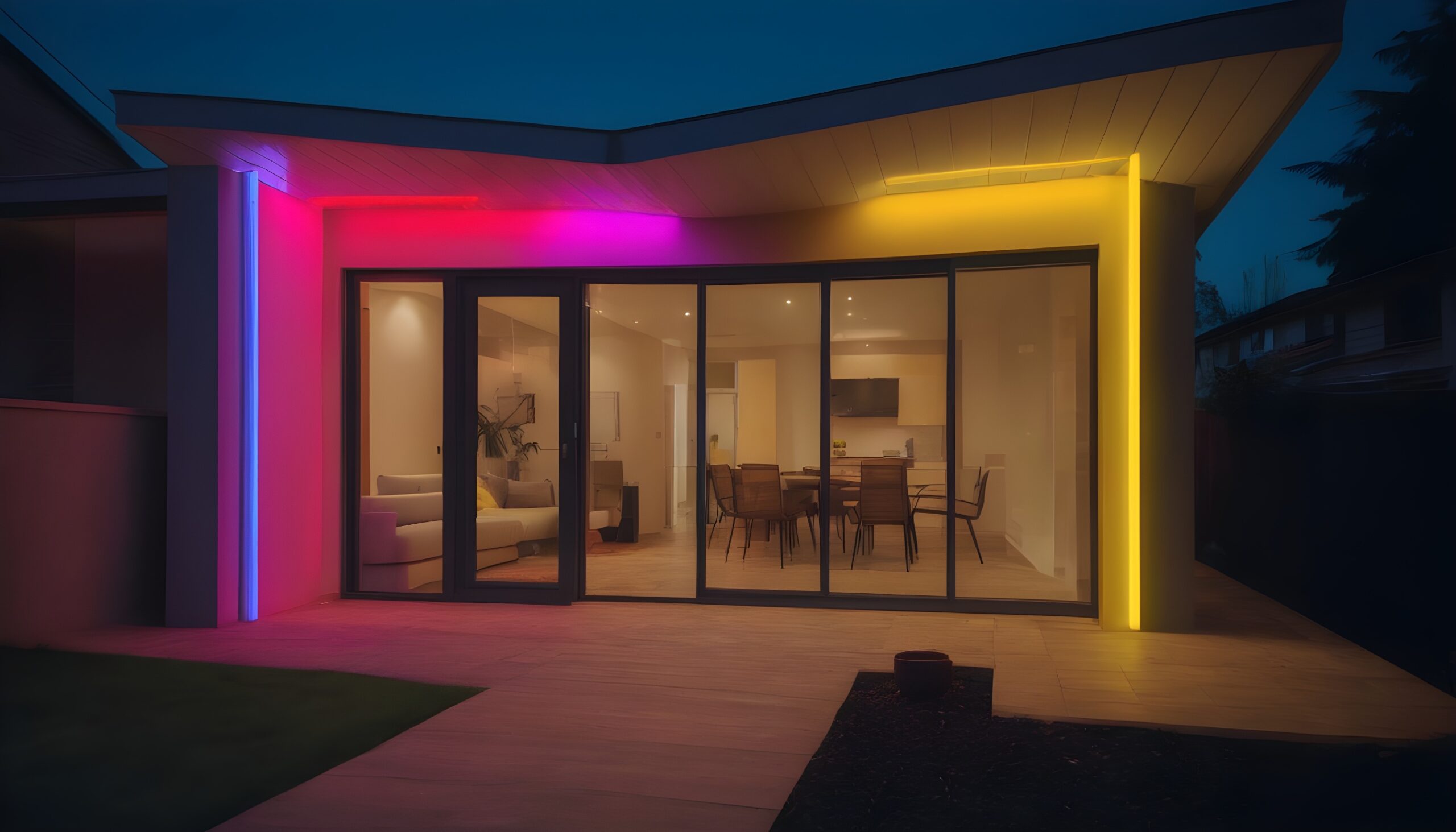 led colorful tube light fixtures on exterior home